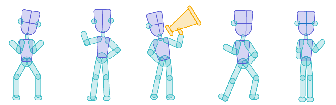 Posed figures made with abstract shapes.